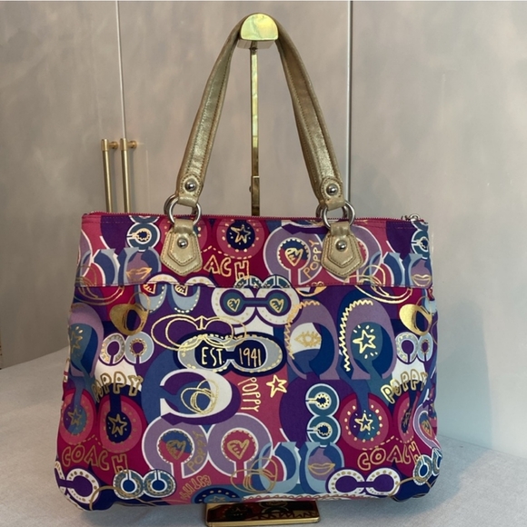NWOT Coach Poppy Pop C Graffiti Artistic Tote Bag W Gold And Silver Accents - Picture 2 of 5